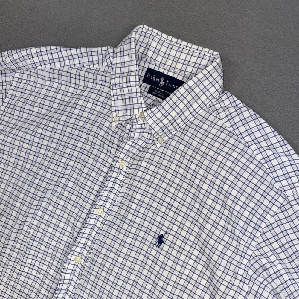 Ralph Lauren Shirt Mens Large White Blue Plaid Blake Short Sleeve Button Down